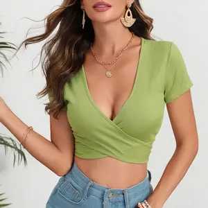 Y2K Ribbed Knit Crop Top – Slim fit, deep V-neck, cross-front short sleeve tee for teen girls’ summer style.