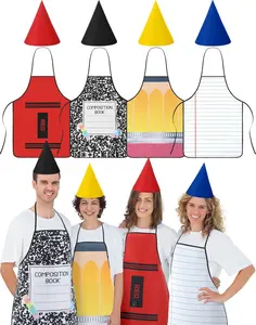 4 Set Group Halloween Costumes for Adults Funny Teachers Stationery Apron Costume Family Group Outfit Crayon Marker Pencil Composition Notebook Aprons Cone Hats Adult Costume