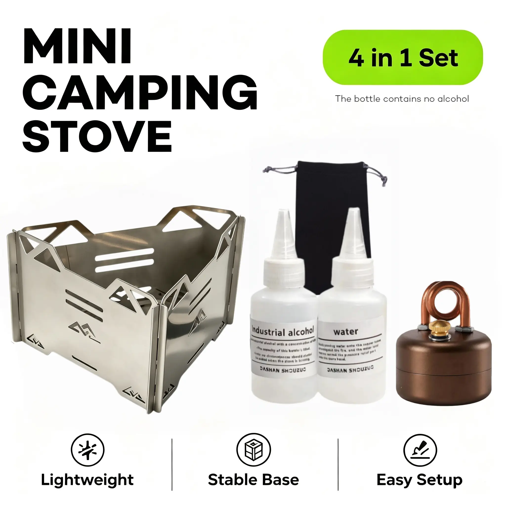 Alcohol Camping Stove 4 in 1 Set Brown Stove Storage Bag Bottles & Wind Deflector Compact Stainless Steel & Aluminum Vaporizer Burner Lightweight Fast-Heating Cooker Backpacking Hiking & Small Outdoor Camping Cooking Supplies Picnic Tool Gift