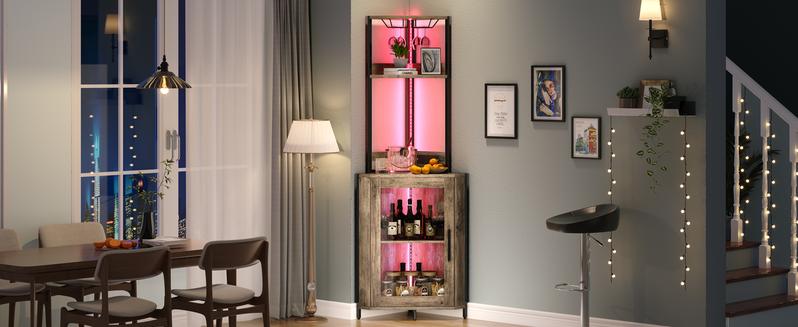 DWVO Corner Wine Cabinet with Power Outlets & LED Lights, Corner Bar Cabinet with Glass Holder, Liquor Bar Rack Cabinet for Living Room, Dining Room, Kitchen, Gray Oak