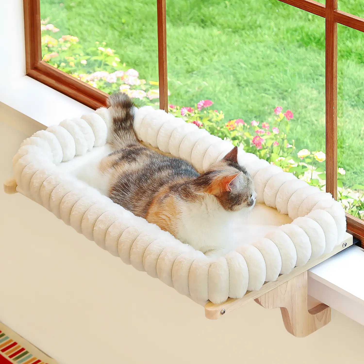 SnugCloud Cat Window Perch with 4-Sided Bolster - Orthopedic Cat Hammock for Window Sill - Solid Hardwood & Metal Frame - Window Seat for Pets