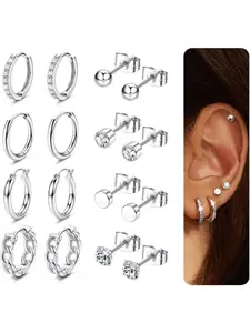 8 Pairs Gold/Silver Earrings for Women Gold Stud Earrings for Multiple Piercings 316L Steel Hypoallergenic Earrings Small Hoop Helix Cartilage Sleeper Earrings for Women Girls