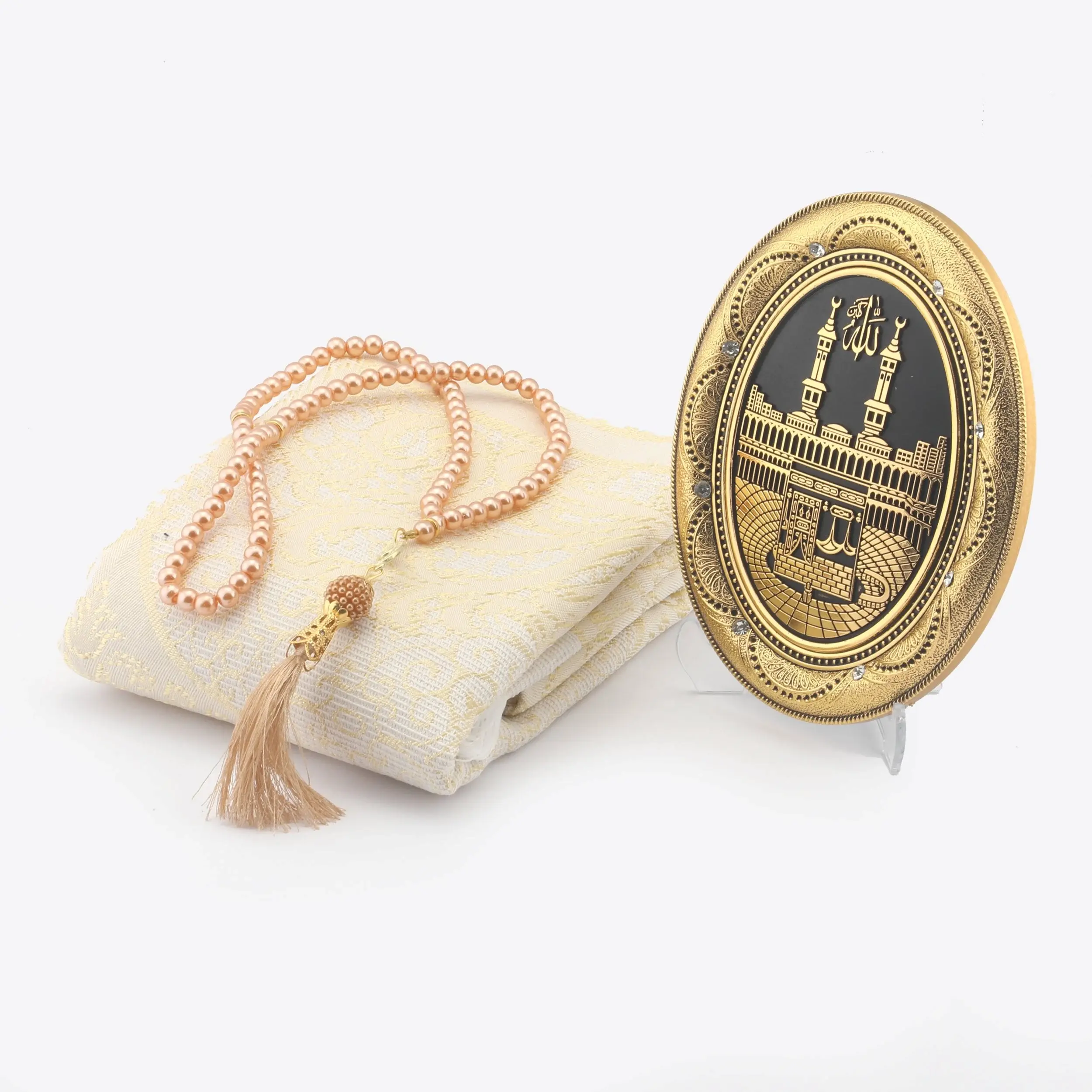 Islamic Prayer Gift Set Prayer Mat Tasbih & Kaaba Wall Art Hajj & Umrah Gift Set for Travelers Essential Prayer Tools Symbolic Wall Art