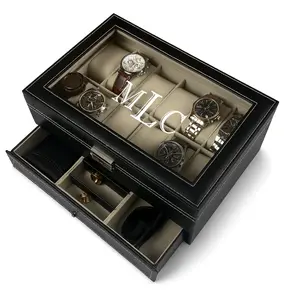 Personalized Leather Watch Box Jewelry Case with 12 Slots & Laser-engraved Glass for Men's Watch Collection Gift