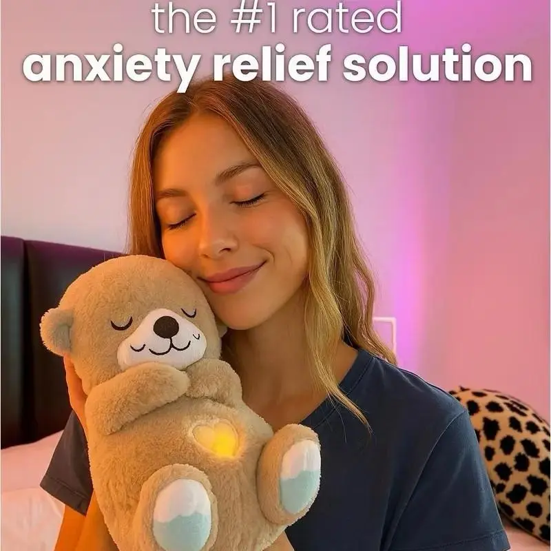 （*The switch is on the right foot.）Sound Machine Breathing Otter Plush Toy with Rhythmic Movements & Music for Sleep - Gentle Hug & Four Gear Adjustment for Soothing & Relaxation