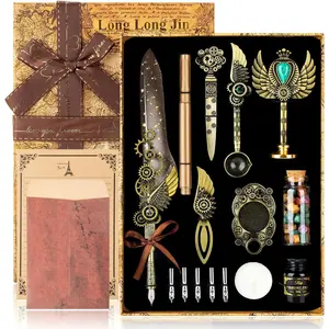 Quill Pen Ink Set with Wax Seal Stamp Feather Calligraphy Pen Set Including Calligraphy Copybook Ideal Gift for Calligraphy Beginners and Lovers of All Ages (Grey)