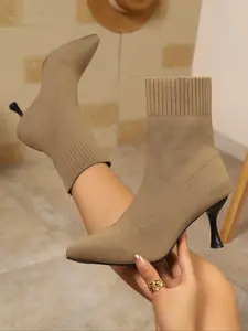 Women's High Heel Knitted Short Boots, Spring & Fall New Season, Versatile Elastic Sock Boots, Soft Comfortable Casual Pointed Toe