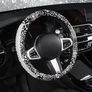 Leopard Print Steering Wheel Cover - Bling Crystal Rhinestones Cheetah Print on PVC Leather Non-Slip Breathable Design for Women/Girls Universal Fit 14.5-15 Inch - White