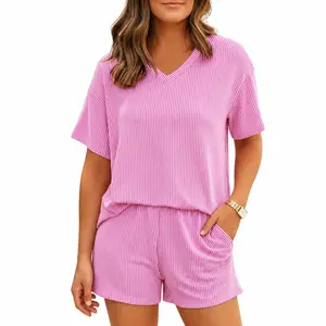 Women’s Ribbed 2 Piece Lounge Set Short Sleeve Top & Shorts Matching Set for Casual Summer Outfits Soft Knit Fabric with Pockets , Women's Clothes, 2 Piece Sets
