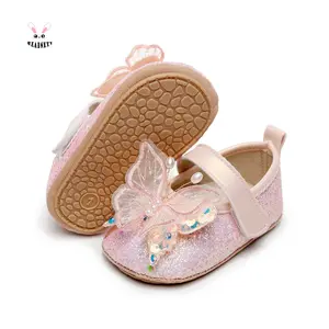 Shiny 3D Butterfly Mary Jane Flats Non-Slip Princess Dress Crib Shoes for Kids Girls 0-18M