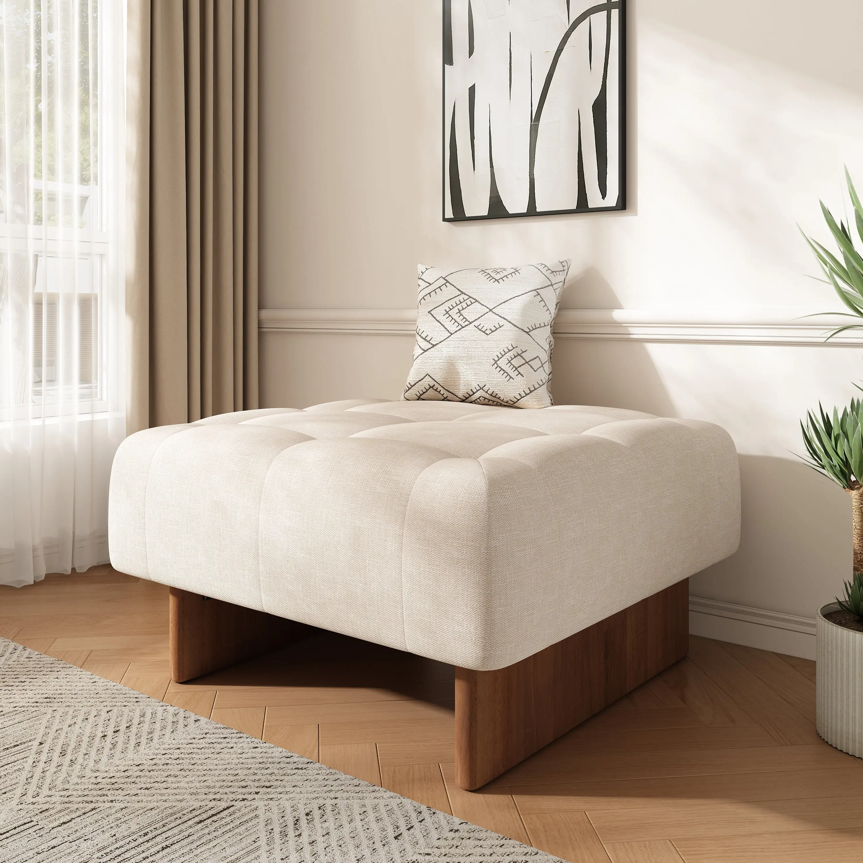 Modern Beige Square Tufted Linen Blend Ottoman Bench - 31.5x31.5x16.5", Single Seat Footstool, Solid Wood Legs, Decor-Inspired Indoor Furniture