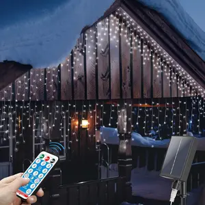300 LED Solar Icicle Lights Outdoor with Remote Control, 33ft 8 Modes Curtain String Lights with 50 Drops, Christmas Holiday Wedding Party Decorations, White