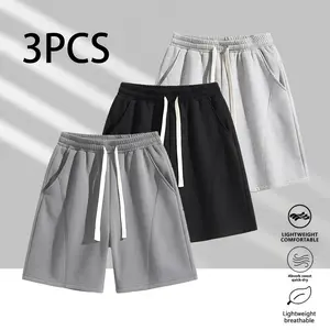 3-Pack Men’s Casual Athletic Shorts Summer Drawstring Bermuda Shorts Breathable Comfortable Straight-Leg Shorts Multiple Colors Menswear Classic Plain