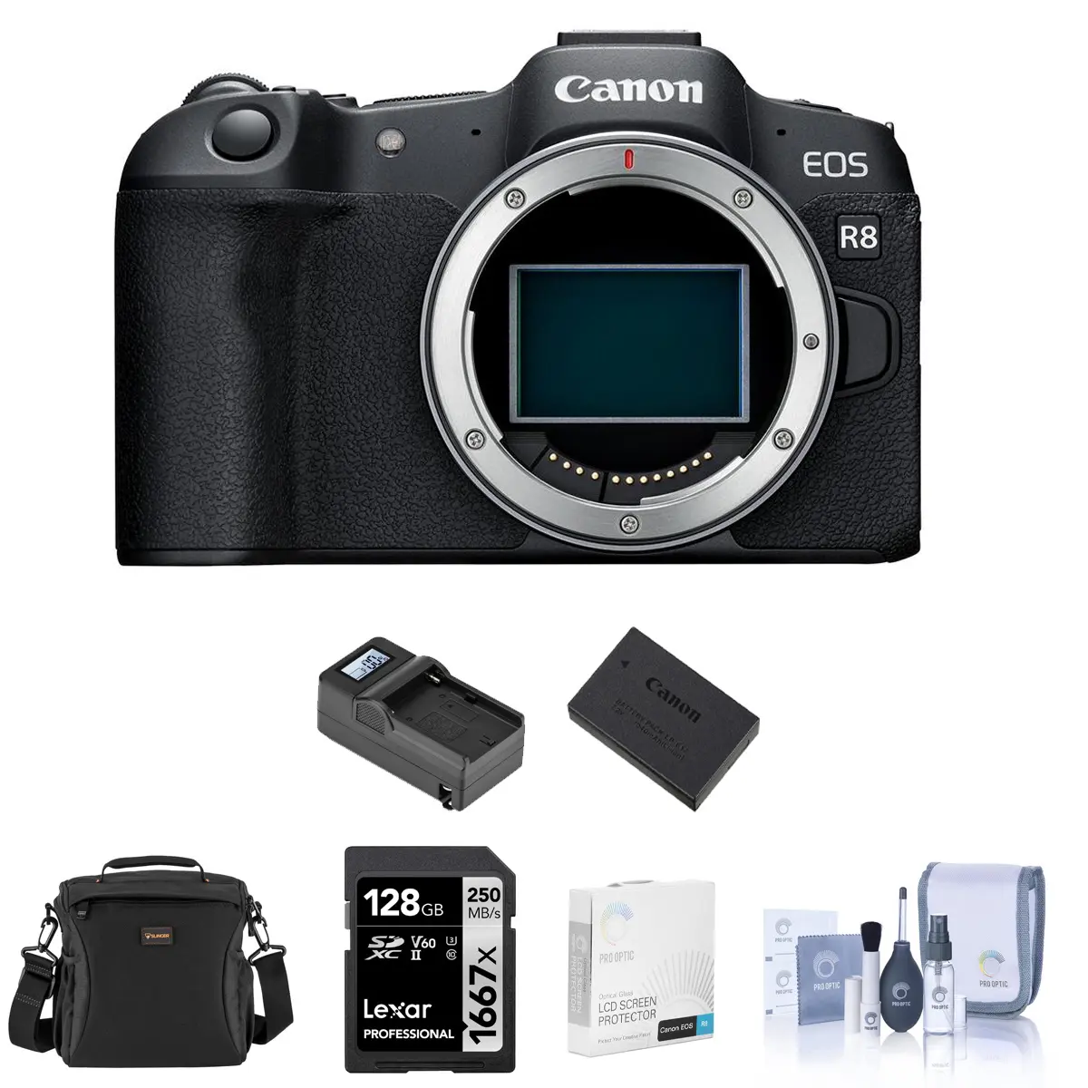 Canon EOS R8 CMOS Sensor Mirrorless Camera Bundle - Electronic View, USB-C Port, Wi-Fi Enabled, Extra Battery, 128GB SD Card, Shoulder Bag, Charger, Screen Protector, Cleaning Kit