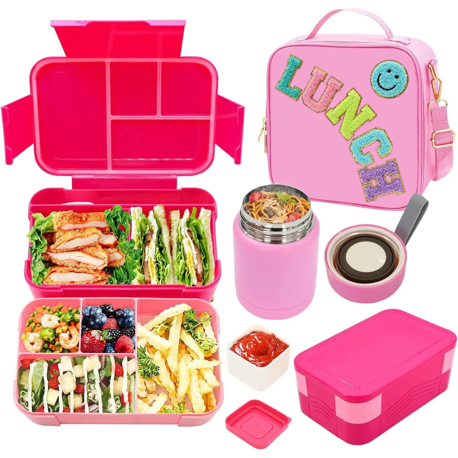 Pink Lunch Box for Girls with 10oz Thermo, with 6 Compartment Bento Box, Nylon Insulated Lunch Bag Adjustable Strap for Girl  Teens School Travel Picnic