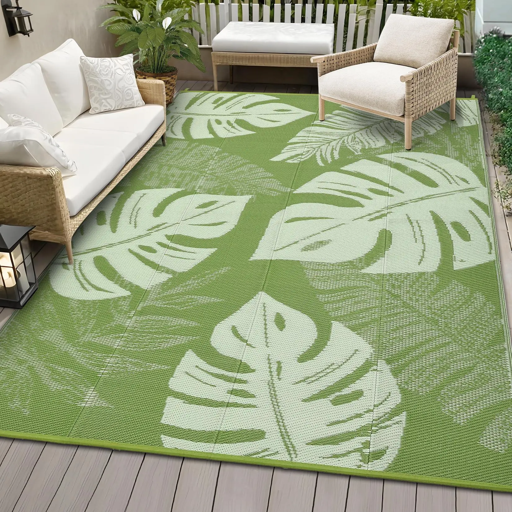 Garvee 8x10 Outdoor Patio Rug - Waterproof Plastic Straw Reversible Rug, Foldable Lightweight Camping Mat with Portable Lightweight Bag, UV Resistant RV Yard Carpet, Sage Green, Leaf Print, Foldable Mat