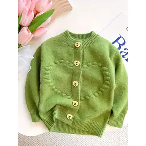 Sweet Heart Knit Button Front Cardigan for Girls, Cute Baby Sweater Coat, Fashionable Spring & Fall, Stylish Clothing