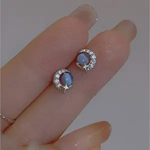 Star & Moon Cat’s Eye Gemstone Earrings with Blue Accents – Elegant Delicate Celestial Jewelry for Women