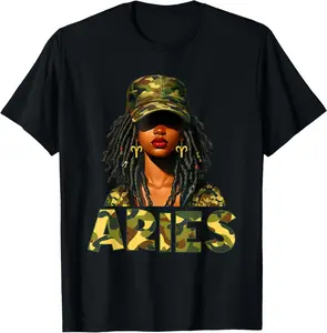 100% Cotton Aries Queen Camouflage Black Woman Zodiac Sign T-Shirt