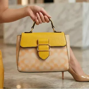 Women’s Yellow Monogram Top Handle Crossbody Bag – Structured Mini Satchel with Strap – Style #205