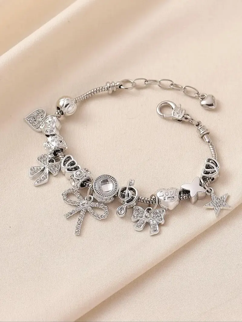 Women's Elegant Bow & Heart Design Charm Bracelet, Exquisite Trendy Charm Bracelet, Fashionable Jewelry for Women & Girls As Gift, Adjustable Bracelet, Heart Shaped Bracelet, Rhinestone Bracelet, Adjustable Copper Bracelet