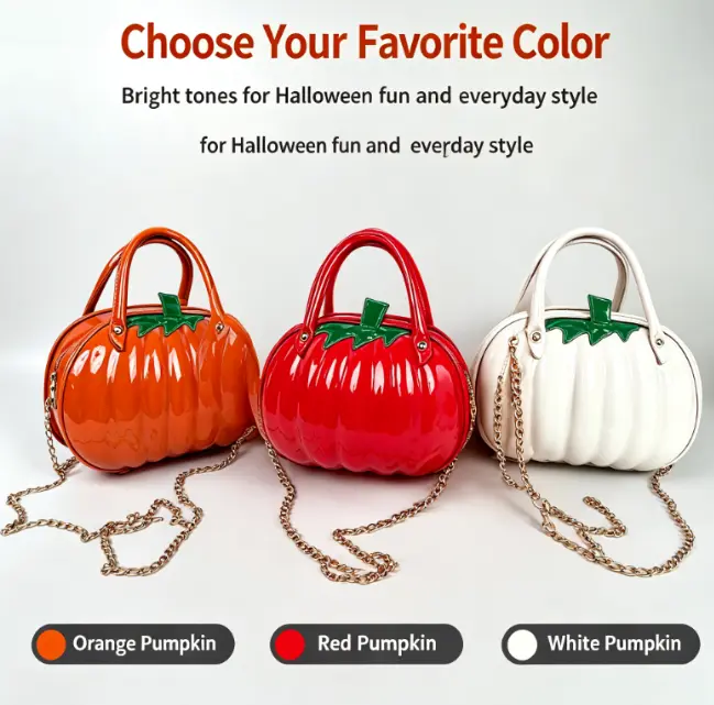 Women’s Glossy Finish Pumpkin-Shaped Hard Shell Handbag - Detachable Metal Chain Strap, Green Stem Ornament, Convertible Crossbody Purse for Halloween Parties, Daily Casual Use
