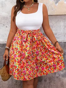 Plus Size Women's Casual Tie Front Floral Patchwork Sleeveless Dress, Boho Vacation Style, Summer Fashion, Comfortable and Stylish, Perfect for Warm Weather