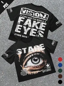 Men's Letter & Eye Print Short Sleeve T-Shirt, Summer Casual Comfortable Round Neck Tee, Perfect for Daily Wear, Soft Fabric