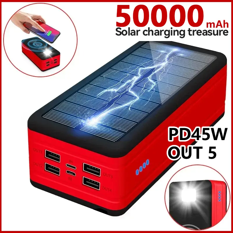 120W Fast Quick Charging Solar Recharge Power Bank, 50000mAh Ultra Large Capacity Portable All‑in‑One Outdoor Charger, Durable Compact Backup Battery Pack for iPhone Samsung Huawei Xiaomi, Ideal for Home Camping Festive Party Emergency Outdoor Use