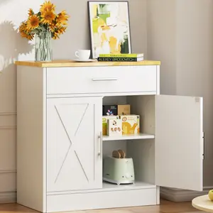 Walsunny Sideboard Buffet Cabinet, Barn Door&Coffee Bar Cabinet with Storage Drawer and Adjustable Shelf for kitchen, Living Room, Entryway, White Adjustable Metal