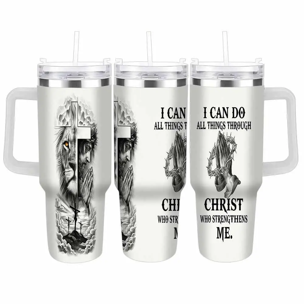 Inspirational Lion Cross Christian Faith Car Cup (40oz/30oz/20oz) Prayer Hands - Positive Religious Gift for Women Men, Spiritual Stainless Steel Tumbler for Church summerwins