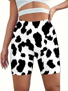 Plus-size women's high-waisted yoga shorts, featuring an all-over black and white leopard print, butt-lifting design, stretchy and comfortable, suitable for fitness, running, Pilates, and everyday casual wear