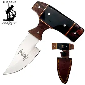 5" Overall Wooden Stainless Steel Bone Collector Clip Point Full Tang Skinning Knife, BC 872-BWD Black & Brown Resin Short Blade Kitchen Tool with Leather Sheath, Knives