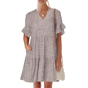 ANRABESS Womens Summer 2025 Trendy Ruffle Short Sleeve V Neck A Line Tiered Flowy Loose Casual Mini Beach Dress with Pockets