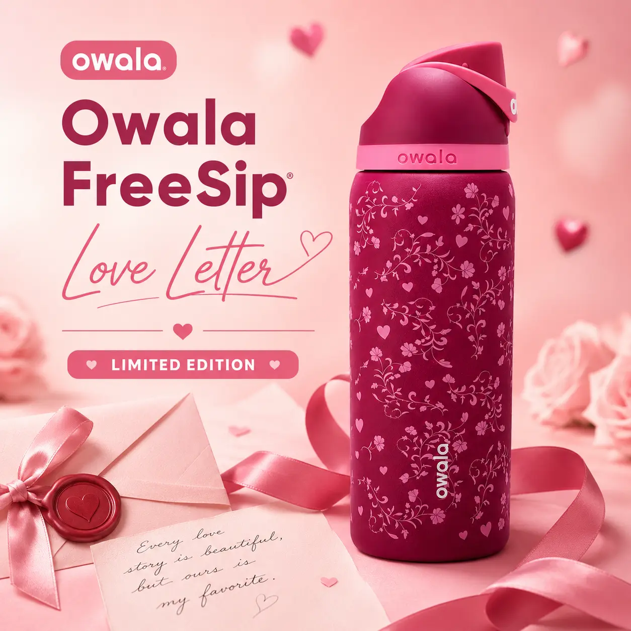 Owala FreeSip Love Letter Limited Edition 32 oz Insulated Stainless Steel Water Bottle with Built-In Straw & Carry Loop