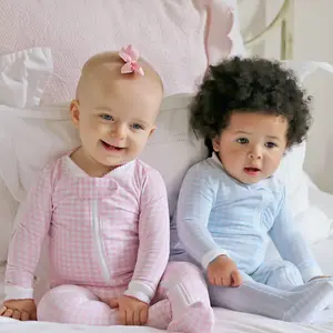 Gingham Zip Sleeper for Boys and Girls - Cute Pink or Blue Soft Knit Gingham Check Pajamas for Babies and Toddlers