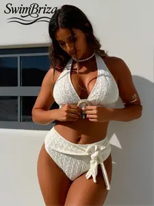 Briza｜Smocked Halter Bikini In Cream White Textured With Shell Ring Detail Made For High Waisted Bikini Sets And Push Up Bikini Fans, A High Waisted Bathing Suit Styled As Swimsuits 2 Piece And Two-Piece Swimsuit Vacation Swimwear For Women