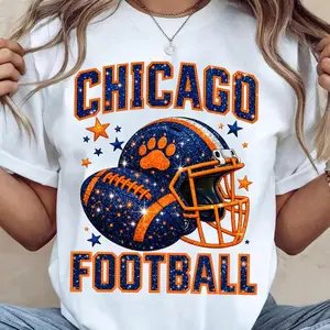 100% Cotton Unisex Chicago Football Paw Print T-Shirt, Bear-Inspired Fan Design Game Day Tee