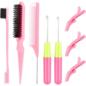 Hair Crochet Hooks Set - 2 Crochet Needles, Edge Brush, Bristle Brush, Rat Tail Comb, 3 Gator Clips for Passion Twist Hair Extensions