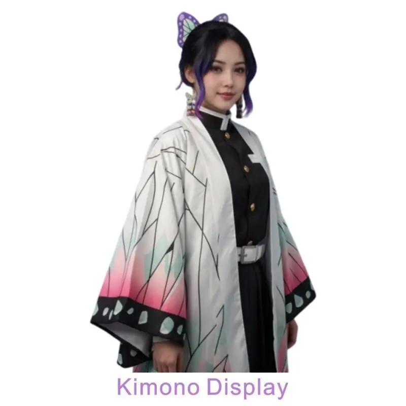 Women's Japanese Anime Shinobu Kocho Cosplay Costume - Comfortable Polyester Long-Sleeve Butterfly-Print Kimono Cardigan, Women's Clothes, Casual Outfit with 2 Accessories (Hair Clip, Ear Clip)