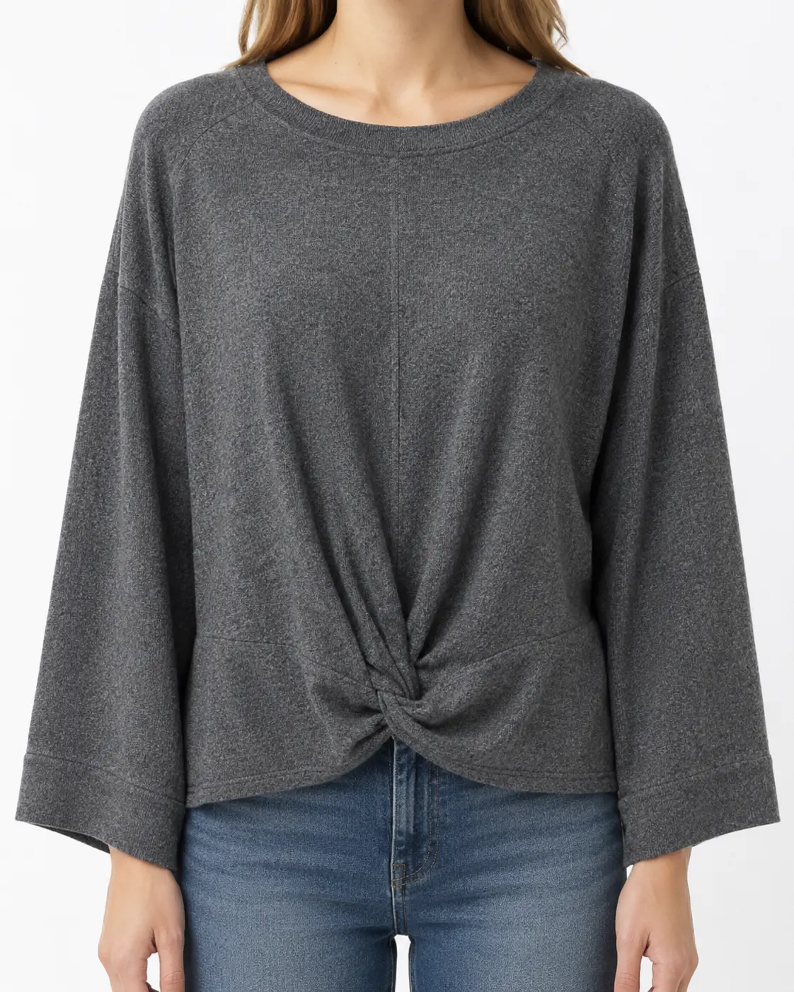 Heather Charcoal Soft Knit Crewneck Sweater with Front Twist Detail