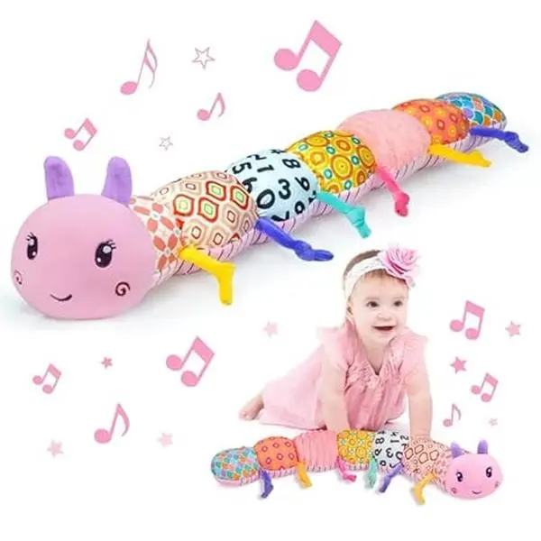 Baby Musical Caterpillar Toy for Infants 0-12 Months Soft Stuffed Sensory Plush with Rattle Crinkle & Multi-Texture Activity Toy for Newborn Boys & Girls Baby Shower Gift