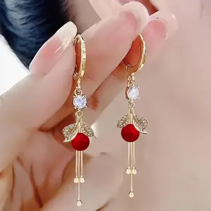Women's Stylish Luxury Red Faux Large Pearl Leaf Tassel Alloy Earrings - Hypoallergenic, Versatile, Perfect for Everyday Casual & Party Outfits, Ideal Holiday Gifts, Large Pearls Earrings