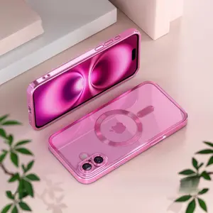Magnetic for iPhone 16 Plus Case with MagSafe [Never Yellowing] [Military Grade Drop Protection] Full Camera Lens Protector Plating Soft Clear Phone Case for Women Girls 6.7 inch, Hot Pink Casing Crystal