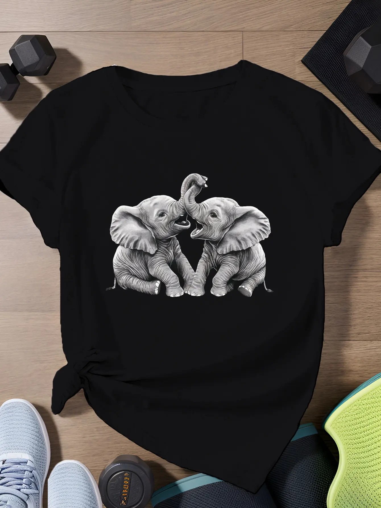 Women'S Elephant Graphic T-Shirt - Soft Breathable Everyday & Tee - Cute Elephant Pair Design - All-Season Casual Top for Women - Black Shirt with White Print Elephant Print Clothing Playful Design Comfortable Fit Relaxed Outfit Geometric Print Lightweigh