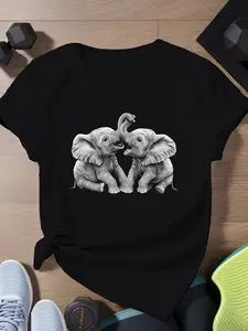 Women'S Elephant Graphic T-Shirt - Soft Breathable Everyday & Tee - Cute Elephant Pair Design - All-Season Casual Top for Women - Black Shirt with White Print Elephant Print Clothing Playful Design Comfortable Fit Relaxed Outfit Geometric Print Lightweigh