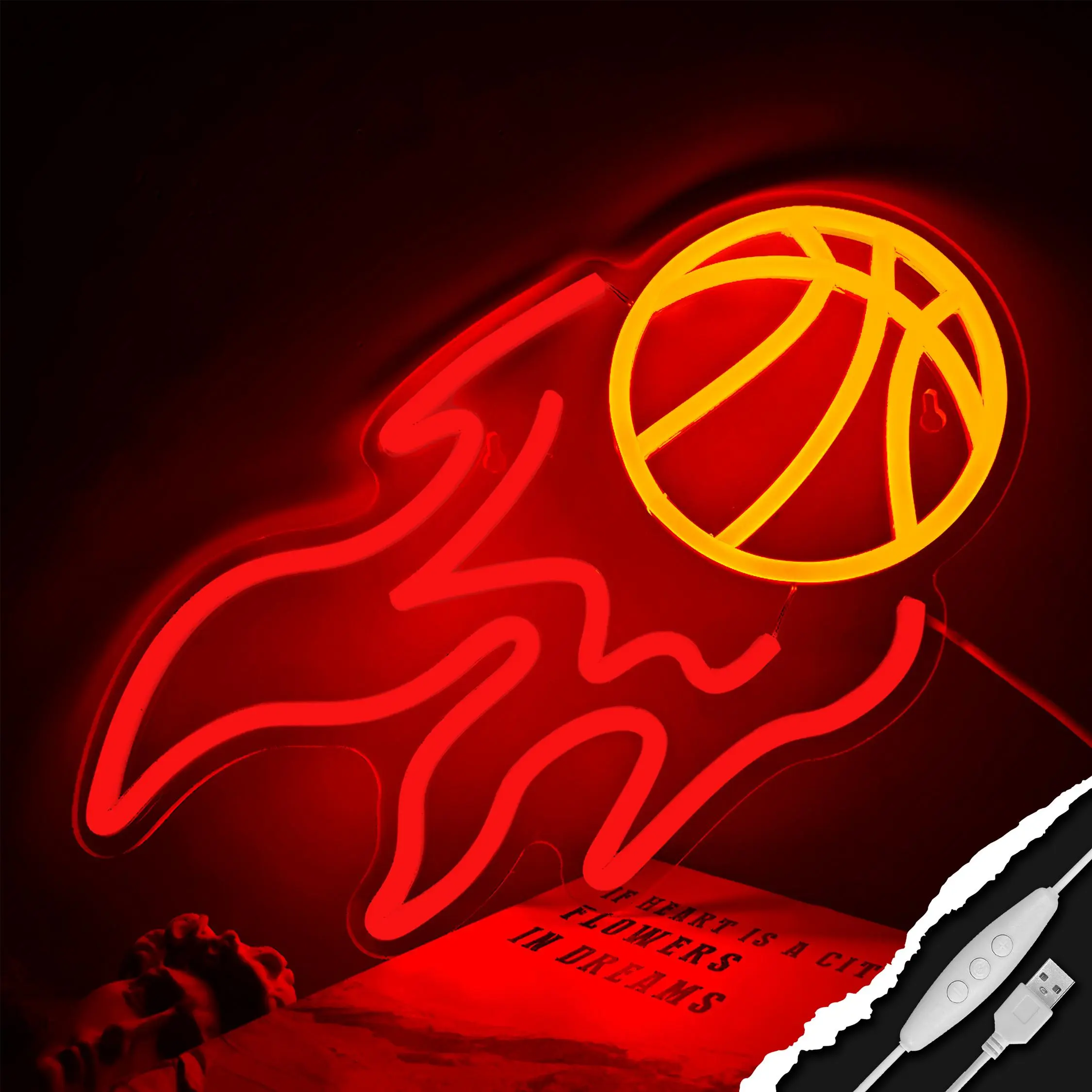 Basketball Neon Sign Basketball On Fire Led Sign Ball Neon Light Sport Signs for Wall Decor USB Powered Night Light for Bedroom Shop Decor Game Boy’s Room Christmas Gift for Kid