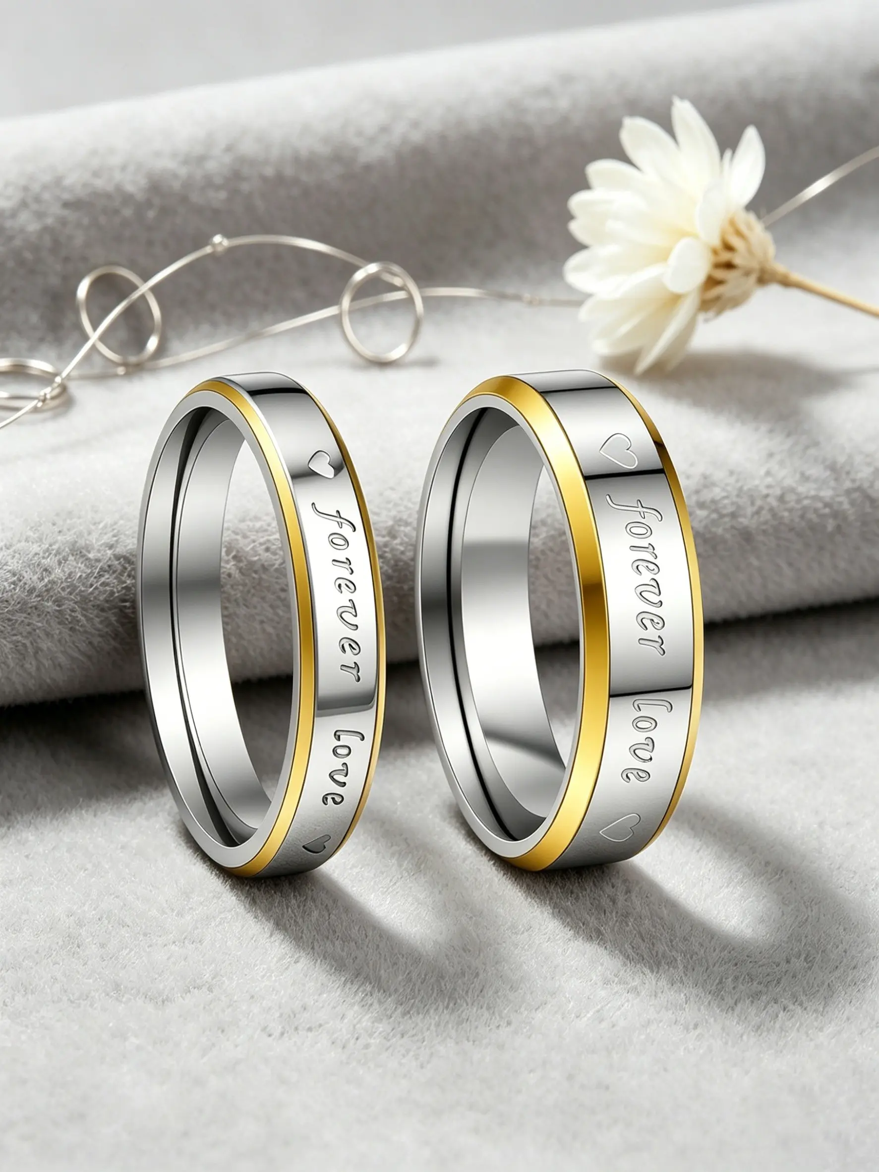 2Pcs Classic Two-Tone Titanium Steel Engraved Rings Set | 4mm/6mm Sizes with "Forever Love" Engraving | Includes Ring Box & Cleaning Cloth | Unisex Versatile Jewelry for All Occasions Heart Ring Couple Jewelry