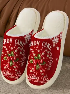 Women's Christmas Home Shoes, Candy Cane Design, Eva Sole, Textile Upper Material, Casual Indoor Slippers for Fall & Winter