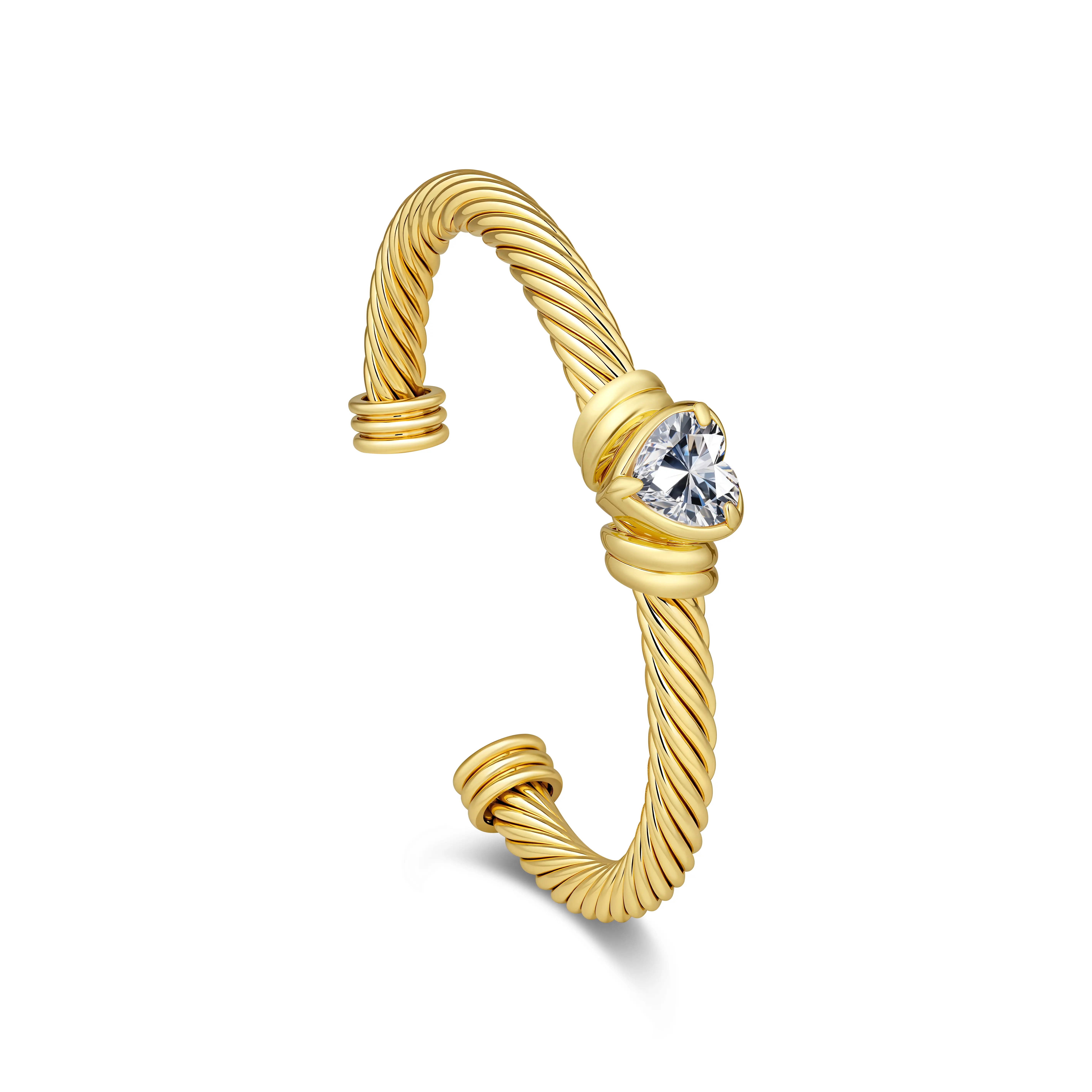 MYTYS Twisted Rope Texture Cuff Bracelet with Heart-Shaped Center & Sparkling Clear Stone Adjustable Open-Ended Design for Easy Wear Elegant Fashion Jewelry